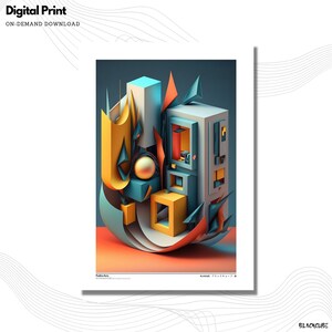 May include: Abstract digital art print featuring a colourful geometric composition of cubes, spheres, and other shapes in shades of blue, orange, yellow, and white. The print has a modern and minimalist aesthetic.