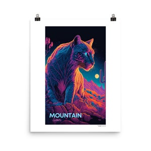 Neon Mountain Lion (v2a), poster senza cornice, carta fotografica premium | Animali in via di estinzione, Hyper Nature | Arte vaporwave