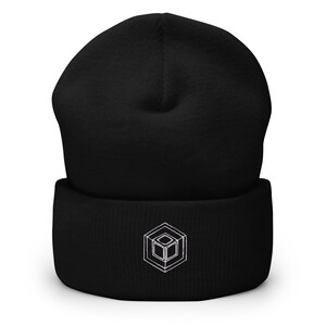Warm and comfy cuffed beanie Yupoong, white logo | BlackCube Digital Complements