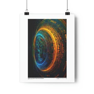 以下が含まれることがあります： 同心円と線が渦巻く、マルチカラーの抽象的なデジタルアートプリント。色は主に青、オレンジ、黄色で、緑と赤のヒントがあります。画像は、未来的なまたは技術的なデザインを連想させます。