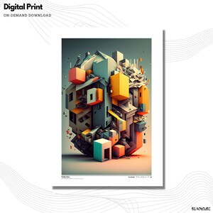May include: Abstract digital art print featuring a 3D geometric composition of colourful cubes and shapes in shades of orange, yellow, blue, and grey. The artwork has a modern and futuristic aesthetic.