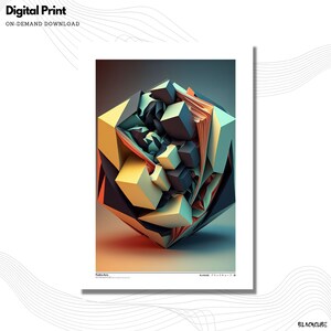 May include: Abstract geometric digital art print featuring a 3D cube with a fragmented, shattered, and layered design in shades of blue, yellow, orange, and black.