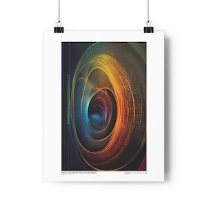 Puede incluir: Impresión digital abstracta con un patrón de líneas y círculos superpuestos que se arremolinan y son coloridos. Los colores son principalmente rojo, naranja, amarillo, verde, azul y morado. El fondo es negro. El texto "Additive Colour Quantum Image Perturbation Algorithm" y "RANDOM 7970997-7" son visibles en la parte inferior de la impresión.