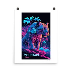 Neon Mountain Lion (v1a), poster senza cornice, carta fotografica premium | Animali in via di estinzione, Hyper Nature | Arte vaporwave