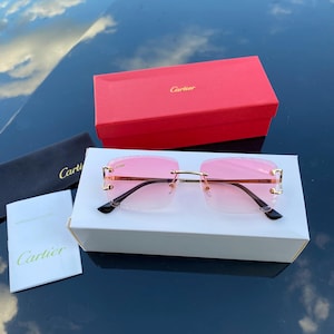 Cartier C Frame Pink Lens Sunglasses Rimless Vintage