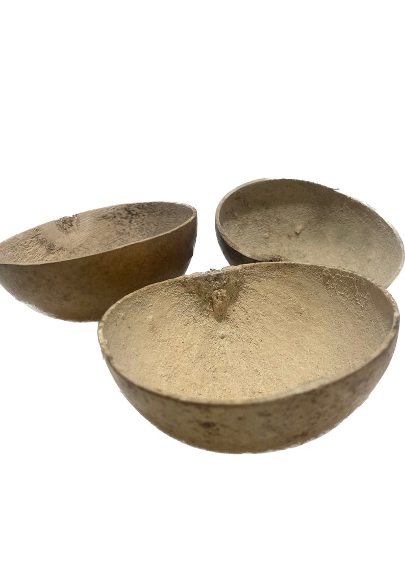 May include: Three beige, half-sphere shaped bowls are arranged on a white background. The bowls have a rough, textured surface and a natural, earthy appearance. The bowls are likely made from a natural material.
