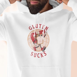 Gluten Sucks Three-Panel Fleece Hoodie, Bread Logo Graphic Hooded Sweatshirt, Celiac Disease Awareness Clothing, Gluten-Free Apparel, Cozy