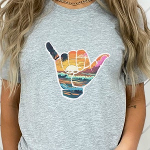 Shaka Sunset Shirt - Vibrant Beach Vibes, Beach Shirt, Summer Shirt, Vacation Shirt, Travel Shirt, Surfing Shirt, Hang Loose Shirt