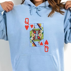 Queen of Hearts - Hoodie w/ Sleeve - Queen Poker Card Long Hoodie, Queen of Hearts poker card, Queen Hoodie, Poker-themed sweatshirt
