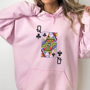 Queen of Clubs - Hoodie w/ Sleeve - Queen Poker Card Hoodie, Queen of Clubs poker card, Queen Hoodie, Poker-themed sweatshirt