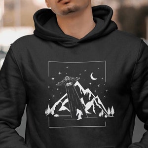 Bigfoot Abduction Hoodie with UFO and Mountain: Camping Hoodie, Camping Hoodie, Camp Hoodie, UFO Hoodie, Bigfoot Hoodie