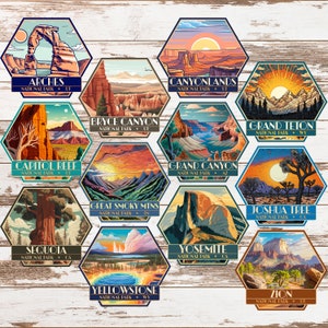 Nationalpark-Hexagon-Aufklebersammlung - lustiges Design für jede Oberfläche, Nationalparks, Outdoor-Aufkleber, Urlaubsaufkleber, sammel sie alle