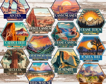May include: A colorful illustration of 12 national parks in the United States. Each park is represented by a hexagonal sticker with a scenic image and the park's name and location. The parks include Arches, Canyonlands, Bryce Canyon, Capitol Reef, Grand Canyon, Great Smoky Mountains, Joshua Tree, Sequoia, Yellowstone, Yosemite, Zion, and Grand Teton.