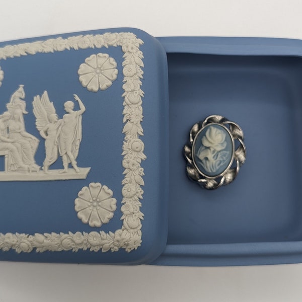 Vintage Wedgwood Jasper Ware 4” Square Trinket Box and matching floral cameo as first jewelry piece for collection