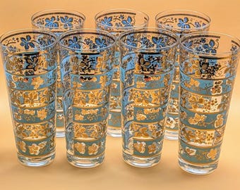 Georges Briard Highball Glasses: Mid-Century Turquoise & 22K Gold Set