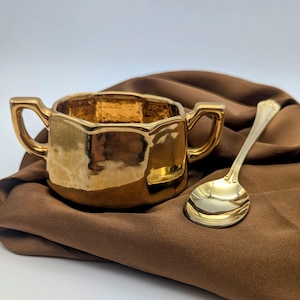Vintage Gold Plated Porcelain Sugar Bowl with Spoon - Made in USA