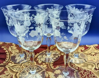 Vintage Fostoria Crystal Wine Glasses: Etched Floral Design, Set of 5
