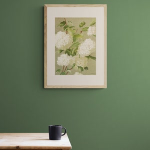 May include: A framed botanical illustration of white hydrangea flowers with green leaves on a light green background.