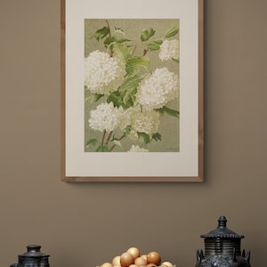 May include: A framed botanical illustration of white flowers with green leaves. The image is in a wooden frame and is hanging on a brown wall. There are two black ceramic jars and a basket of eggs on a wooden table in the foreground.