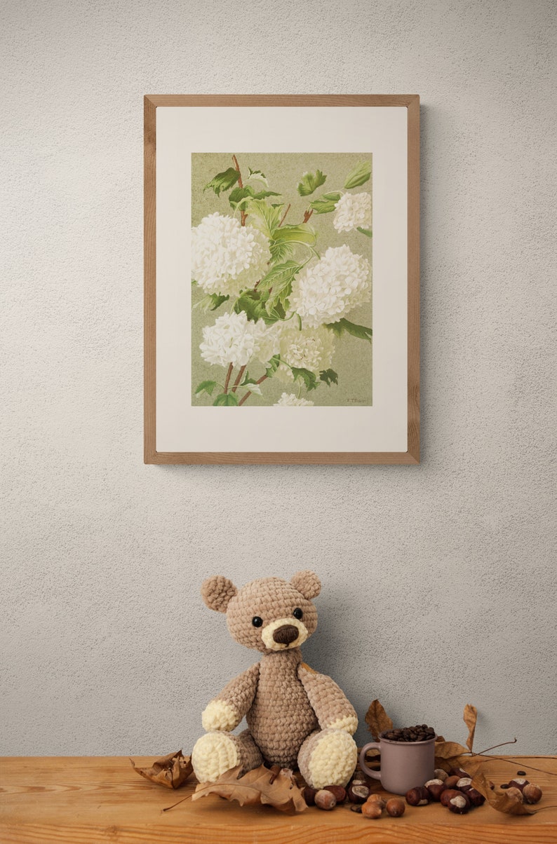 May include: A framed botanical illustration of white flowers with green leaves on a light green background. A crocheted teddy bear sits on a wooden table with a brown mug, coffee beans, and fall leaves.