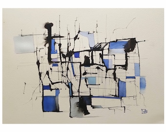Original abstract watercolor and ink painting, Abstraction #1