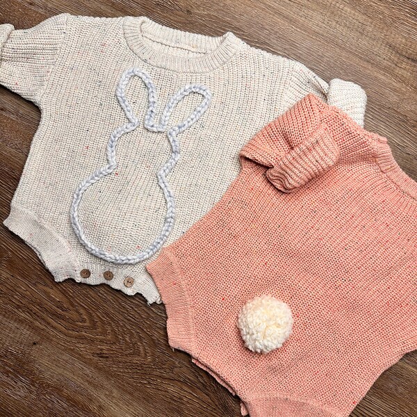 Chunky Hand Embroidered Easter Bunny Romper with Bunny Tail