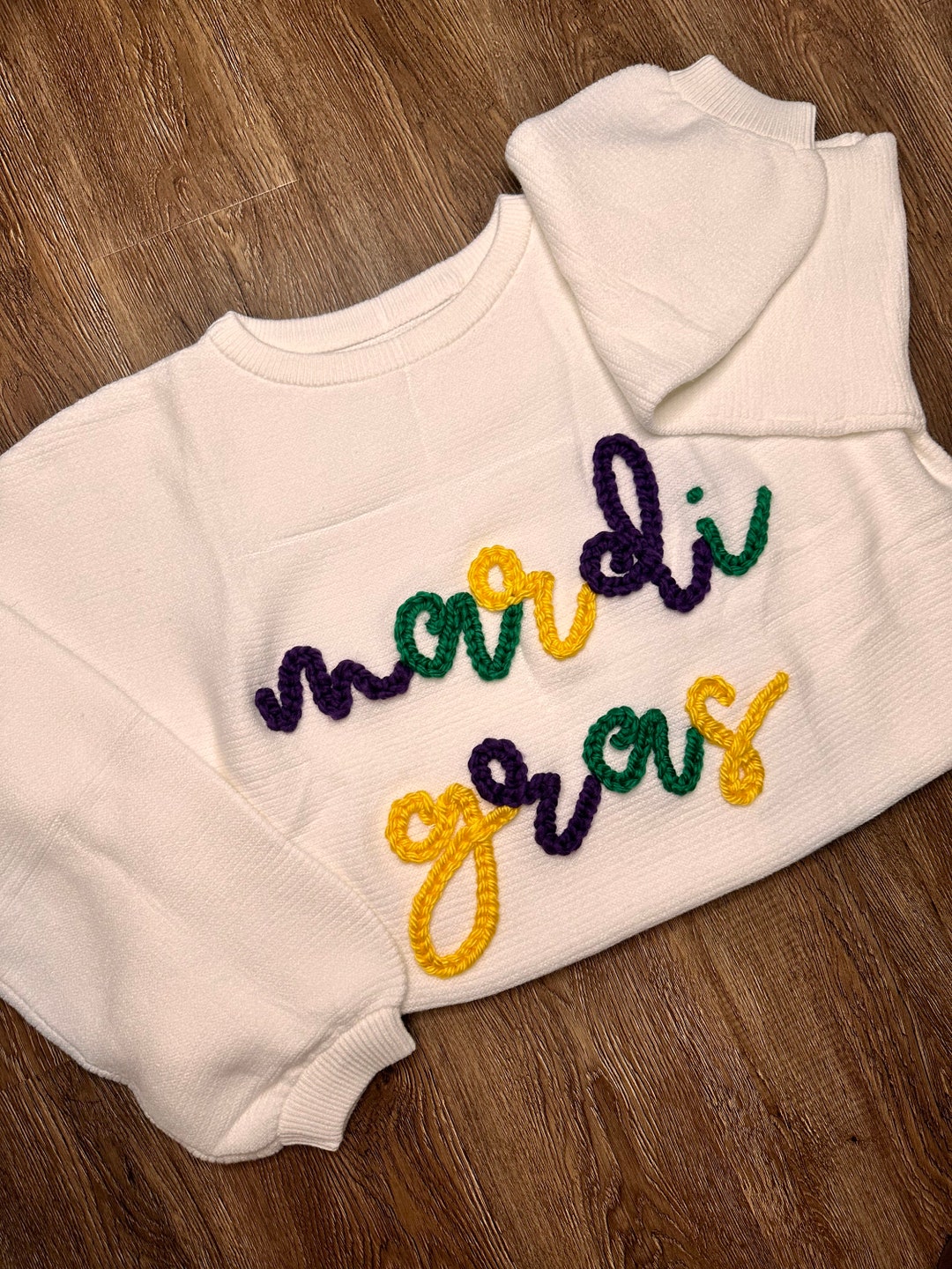 mardi gras sweater with pearls