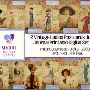 Vintage Damen Postkarten druckbare Junk Journal Herunterladbare digitale Scrapbooking Ephemera künstlerische Illustrationen Drucke JPEG. PNG.