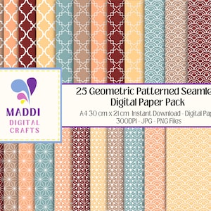 Geometric Patterned Digital Paper A4 Downloadable Seamless Card Making Scrapbook Graphic Background Designs JPEG. PNG. PDF