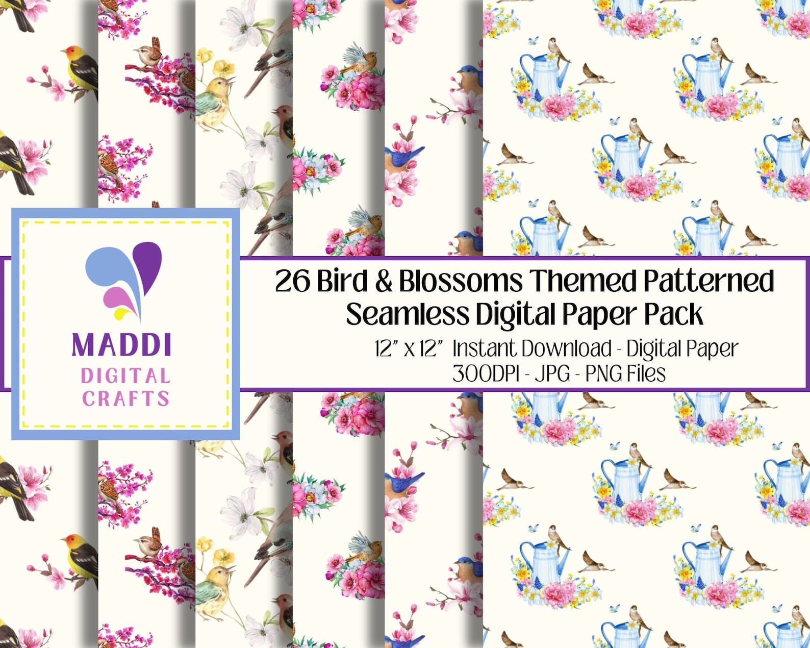Birds & Flowers Theme Printable Paper Pack Floral Bird Patterned ...