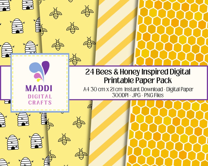 Bees and Honey Patterned Digital A4 Downloadable Paper Printable Card ...