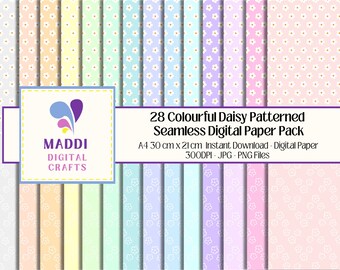 Papier numérique imprimable à motifs sans raccord de marguerites colorées, idéal pour la création de cartes, le scrapbooking et le journaling.