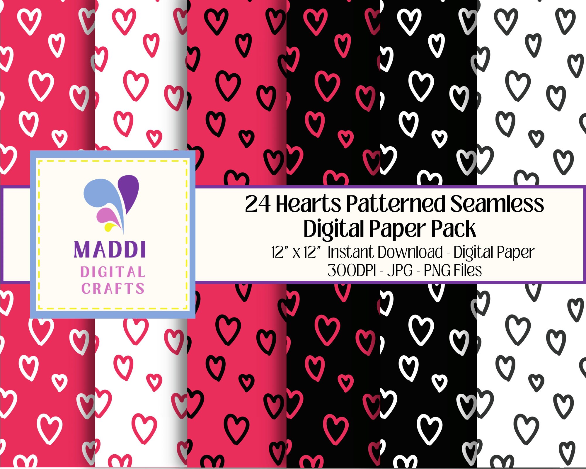 Hearts Patterned Printable Paper Digital Scater Hearts Downloadable 12 Hearts Patterned Printable Paper Digital Scater Hearts Downloadable 12
