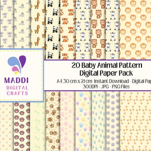 Baby Animals Patterned Digital A4 Downloadable Paper Animal Patterns Printable Card Making Scrapbook Graphic Backgrounds JPEG. PNG.