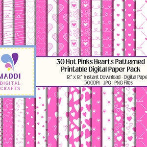 Pink Hearts Printable Patterned Paper Pack Digital Herunterladbare Scrapbook-Karte, die grafische Hintergrundmuster 12 x 12 JPEG herstellt. PNG.