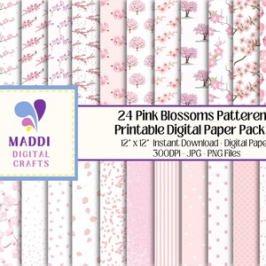 Pink Blossoms Flowers Patterned Printable Digital Paper Floral Downloadable 12 X 12 Scrapbook Graphic Backgrounds Patterns JPG. PNG.