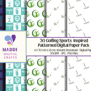 May include: A digital paper pack with 30 different golf-themed patterns. The patterns include golf clubs, golf balls, golf carts, and plaid designs. The pack is available for instant download and includes JPG and PNG files.