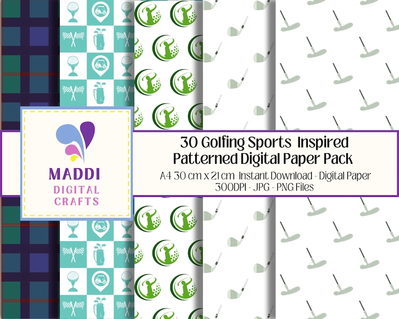 May include: A digital paper pack with 30 different golf-themed patterns. The patterns include golf clubs, golf balls, golf carts, and plaid designs. The pack is available for instant download and includes JPG and PNG files.