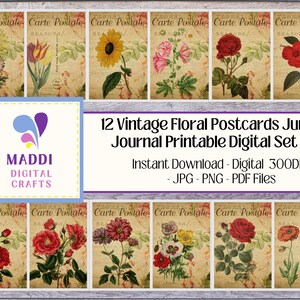 Vintage Blumen Postkarten Printable Junk Journal Herunterladbare Digitale Scrapbooking Ephemera Künstlerische Blumen Illustrationen Drucke JPEG. PNG.