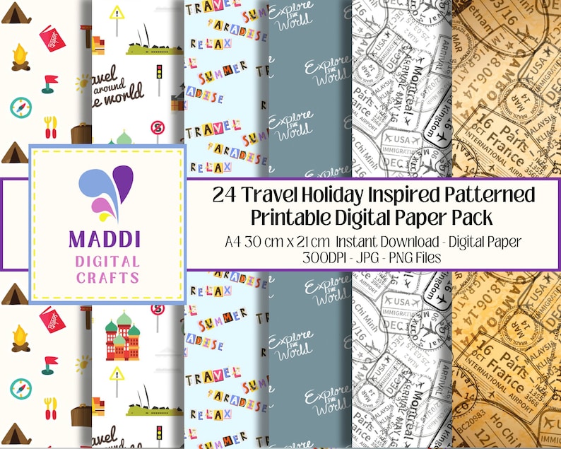 Travel Pattern Paper Travel Patterned Printable Paper Holiday Vacation Digital Scrapbooking ...