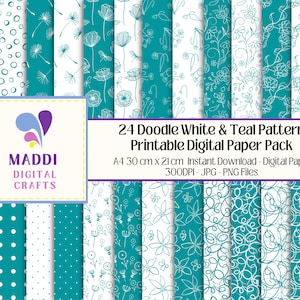 May include: A collection of 24 digital papers with white and teal doodle patterns. The patterns include dots, floral designs, and abstract lines. The image includes the text "24 Doodle White & Teal Pattern Printable Digital Paper Pack".