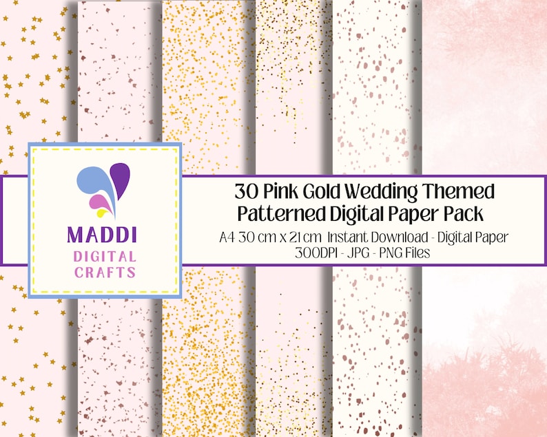 Pink Gold Wedding Themed Printable Paper Patterns Digital A4 Instant ...