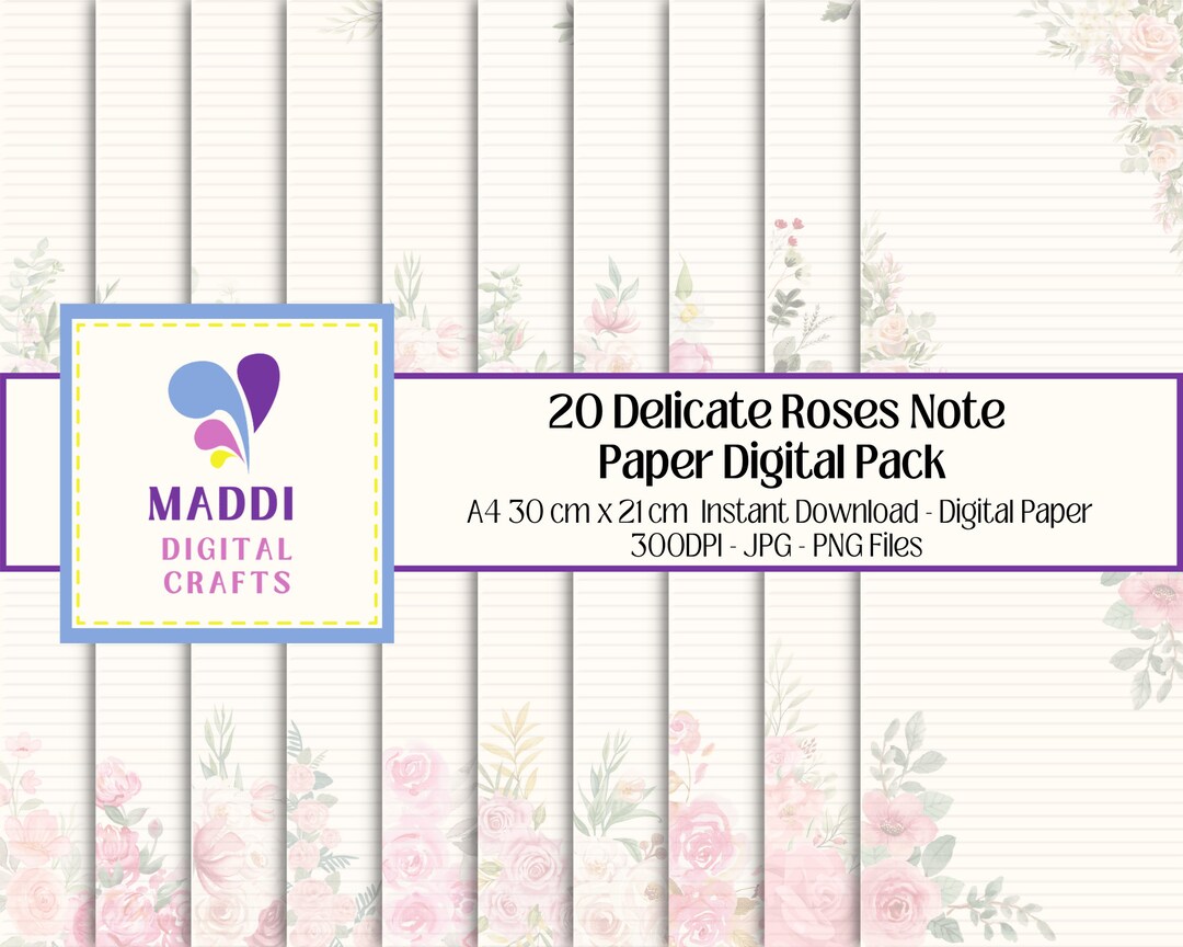 Rose Paper Notes Rose Floral Printable Stationary Note Paper Flower Patterned Digital ...