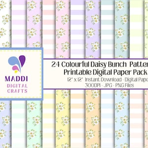 Pastel Daisy Flowers And Stripes Patterned Printable Digital Paper Downloadable 12 x 12 Graphic Backgrounds Patterns JPG. PNG.