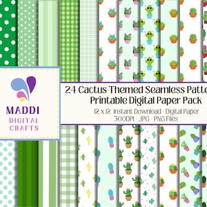 Papier numérique sans couture sur le thème des plantes de cactus 12 x 12 cartes imprimables vertes à motifs Scrapbooking, motifs de fond graphique JPEG. PNG.