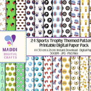 May include: A digital paper pack with 24 different sports trophy themed patterns. The patterns are on a white background and feature various sports icons, such as baseball bats, soccer balls, basketballs, bowling pins, and trophies. The pack includes 300 DPI JPG and PNG files, and is available for instant download. The paper is A4 size, which is 30 cm x 21 cm.