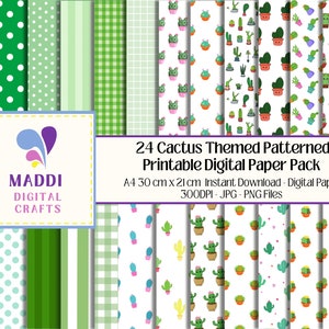 Cactus planten thema digitaal papier A4 downloadbare groene patroon kaart maken scrapbooking grafische achtergrondpatronen JPEG. PNG.