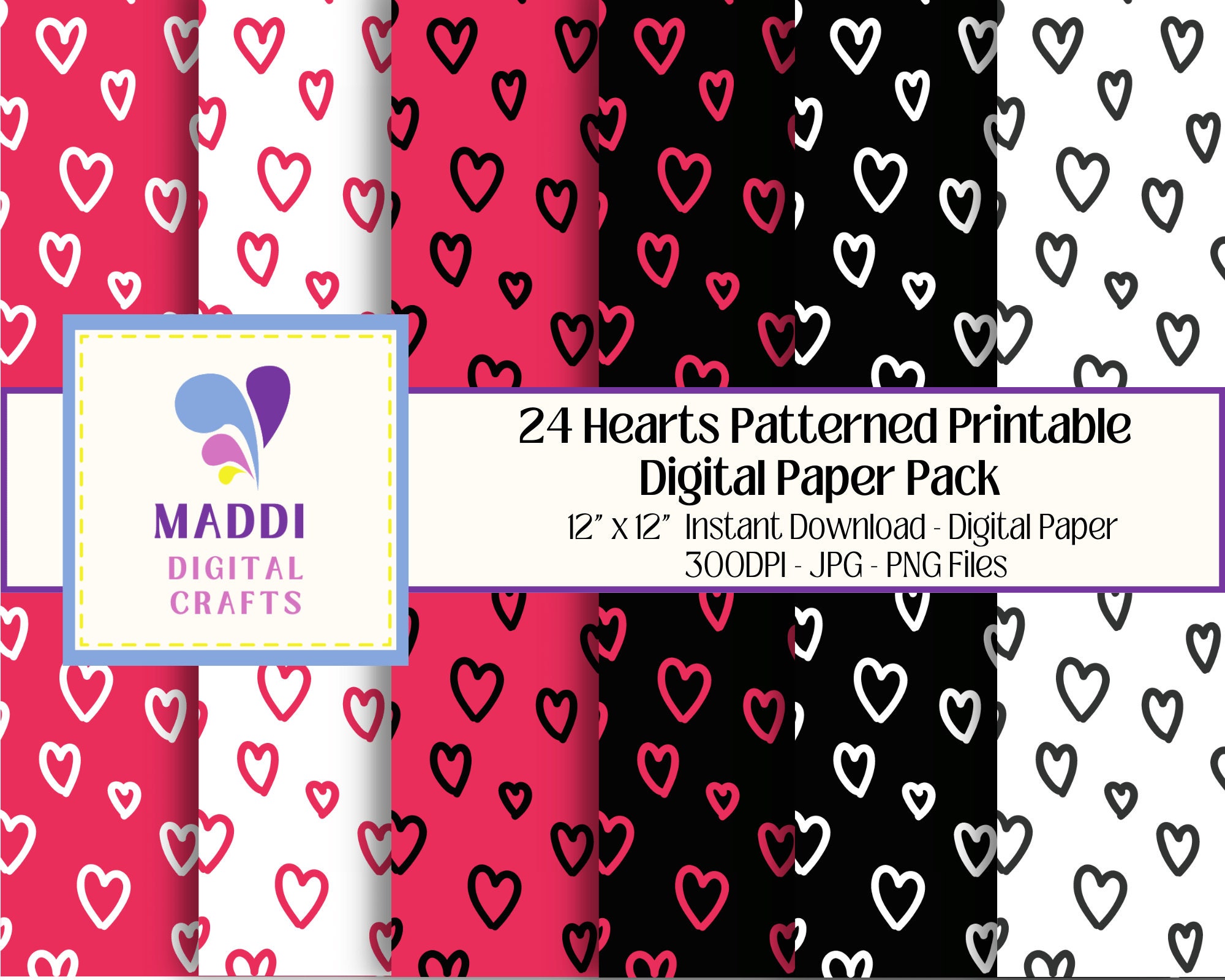 Hearts Patterned Printable Paper Digital Scatter Hearts Card Topper ...