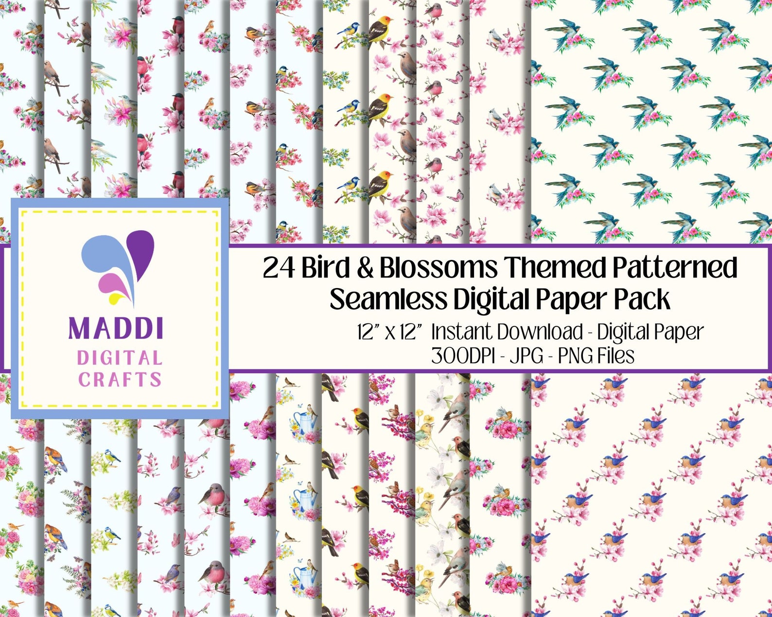 Birds & Flowers Theme Printable Paper Pack Floral Bird Patterned ...