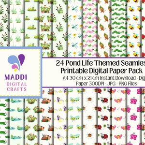 Può includere: Un pacchetto di carta digitale con 24 motivi senza cuciture con temi di vita dello stagno. I motivi includono libellule, coccinelle, farfalle, rane, ninfee e altro ancora. Il pacchetto è disponibile per il download immediato in formato A4 (30 cm x 21 cm) e risoluzione 300 DPI. I file sono in formato JPG e PNG.